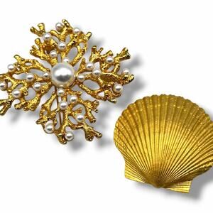 Kenneth Jay Lane KJL Coral Branch Pendant Convertible Brooch And Bonus Shell Pin